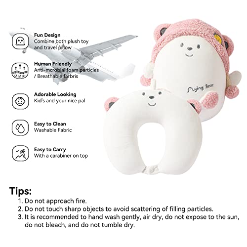 Image of Kids Travel Pillow - 2-in-1 Deformable Kids Neck Pillow for Traveling, Soft U-Shaped Pillow with Adorable Animal Design, Comfy Sleep and Play, Ideal for Airplanes and Cars - Pink Bear