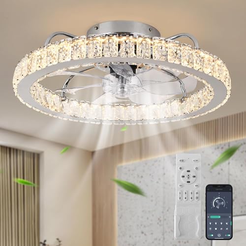 Ganeed LED Dimmable Crystal Ceiling Fan with Light, Modern 24W White Reversible 6-Speed Small Ceiling Fans with Lamp, Semi Flush Mount Lighting Fixture with Fan for Office Kitchen -Chrome