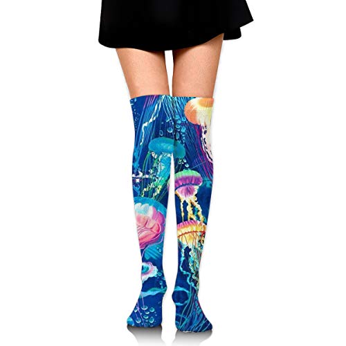 Women Teen Girls (Cool Corlorful Jellyfish Pattern) Over the Knee Socks Warm Long Tube Stocking Thigh High Boot Socks Leg Warmer for Daily Wear, Sports, Party, Cosplay