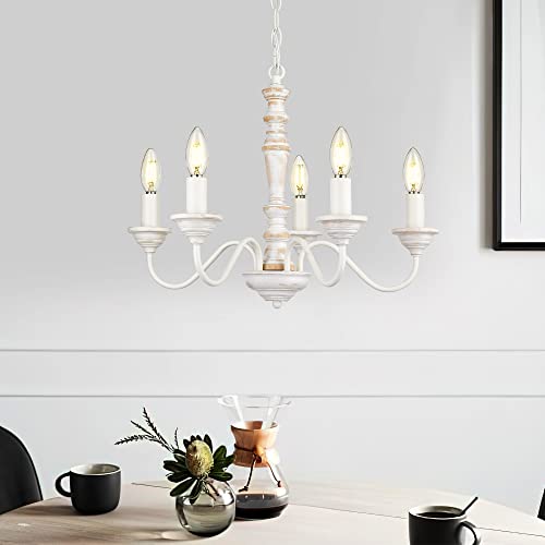Elyona French Country Chandelier, 21" Farmhouse Wood Chandelier, 5-Light Rustic Candle Pendant Light Fixtures For Dining Room,Living Room,Kitchen,Bedroom, Led Bulb Included, Handmade Distressed White #TOP7