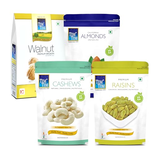 Image of Tim Tim Daily Needs Dry Fruits Combo Pack - Almonds, Cashews, Raisins (200g each) and California Walnuts 250g, 850g Pack