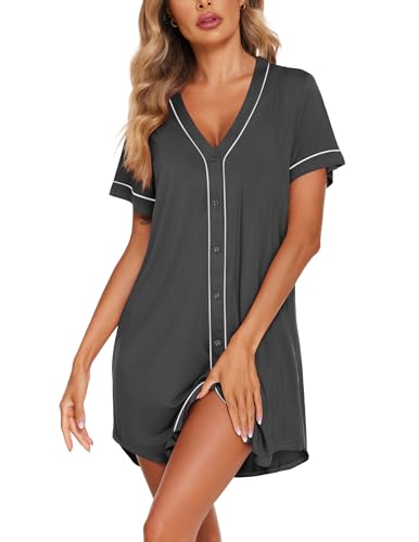 Image of Ekouaer Womens Nightgown Button Down Sleep Shirts Short Sleeve Nightshirt V-Neck Sleepdress Soft Sleepwer