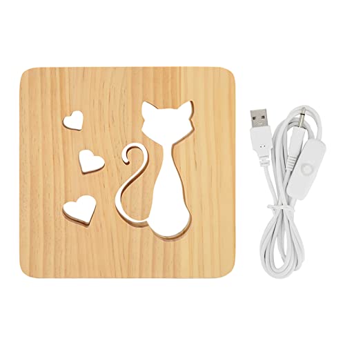 HOSEONFN para luz nocturna con forma de corazón de gato, cálido, madera de pino alimentada por USB, irradiación de 360 ​​grados, diseño hueco delantero y trasero, LED de