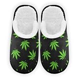 Umidedor Tropical Leaves Weed Black Mens Slippers Soft Indoor House Slippers Home Shoes for Bedroom Hotel Travel Spa