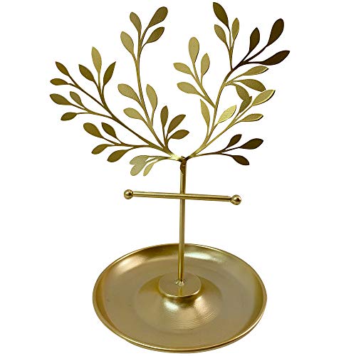 NewFerU Gold Metal Jewelry Tree, Small Necklace Hanging Display Stand, Table Top Bracelet Rack Holder, Earring Hanger Organizer Tower with Ring Watch Dish Tray for Women Girls (1 Piece)