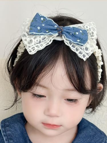 Baby Girls Hairbands Bow Lace Headband Handmade Soft Stretchy Pink Bowknot Hairbands Newborn Hairband with Bows Elastic Hair Bands for Kids Infant(Blue Denim Bow