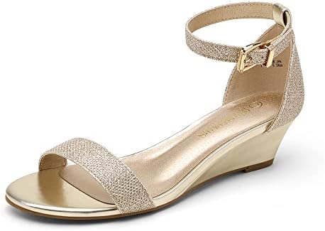 DREAM PAIRS Womens Ingrid Ankle Strap Low Wedge Sandal Gold Plaid - 9