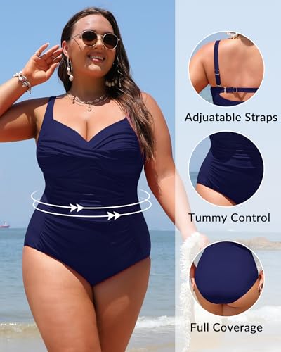 Image of Women Plus Size One Piece Swimsuits Tummy Control Twist Front Bathing Suit | Unremovable Bra, Sweetheart Neckline, Wide Adjustable Straps, Ruched Stomach, Side-Splicing Design, Full Coverage Bottom