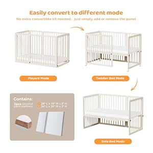 JOYMOR 8-in-1 Convertible Crib with 2" Mattress, Convert from Bassinet, Mid Crib to Full Size Crib, Height Adjustable, Easily Convert to Toddler Bed JOYMOR 8 in 1 Convertible Crib with 2 Mattress Convert from Bassinet Mid Crib to Full Size Crib Height Adjustable Easily Convert to Toddler Bed