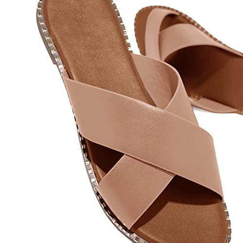 oiangi Slide Sandals Women Studded Flats Summer Casual Open Toe Slip-On Mule Crossed Strap Slipper Comfortable Ladies Shoes4