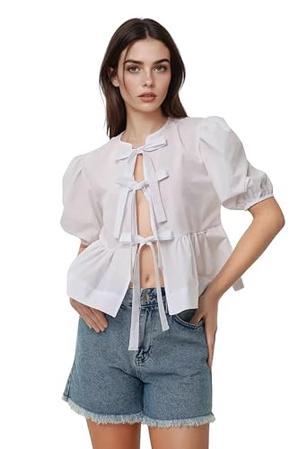 Hiccup Cotton Crew Neck Blouse with Bow Detail