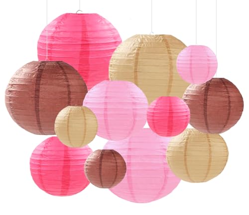 Image of Pink Brown Paper Lanterns Decorative 12pcs Party Hanging Decorations for Western Cowgirl Party Birthday Retro Rodeo Party Supplies for Girls Baby Shower Western Room Decor