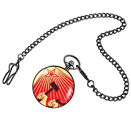Preisvergleich Produktbild Taschenuhr Kommunistisches Abzeichen Muster Glatte Schwarze Abdeckung Klassisches Zifferblatt Dicke Kette Anhänger Souvenir Geschenk-Standard,jjj