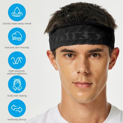 Image of Proberos Sport Headband for Men & Women, Premium Cotton Moisture-Wicking Breathable Anti-Slip Hair Band Fashion Sport Soft Stretchy Headband for Running, Jogging, Yoga, Workout, Basketball, Black