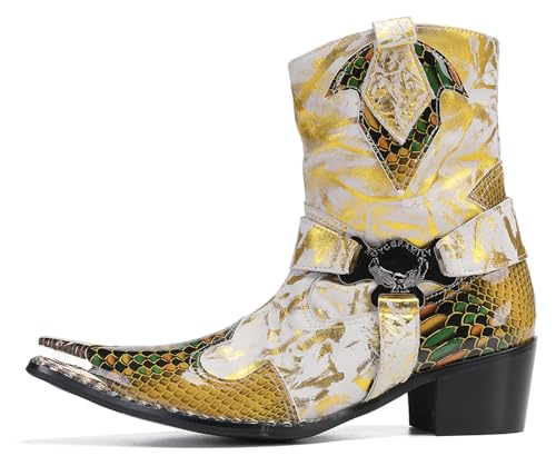 Santimon Men's Dress Casual Cowboy Boots - Genuine Leather Western Boots with Buckle Chain & Metal Wingtip Toe for Wedding, Party Disco & Motorcycle2