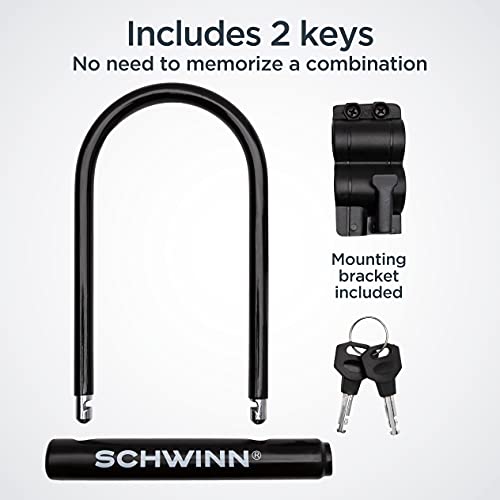 Schwinn Bike U-Lock with Keys, 12 mm x 7.5 inches, Black, Vinyl Coated Steel Shackle, Mounting Bracket for Storage and Transport, Anti Theft Protection, Shackle Bike Lock for Security