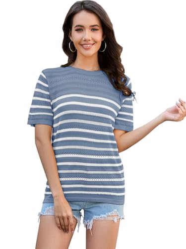 Image of ANCAPELION Women's Short Sleeve Sweater Top Striped Knit Crew Neck Pullover for Summer Trendy Shirts