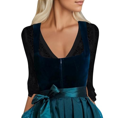 Dirndl Bluse Damen Puffärmel Dirndlbluse Damen Weiß Elegante Trachtenbluse Spitze V Ausschnitt Trachtenblusen Dirndlblusen Tracht Blusen Spitzenbluse Laternenärmel für Oktoberfest & Karneval