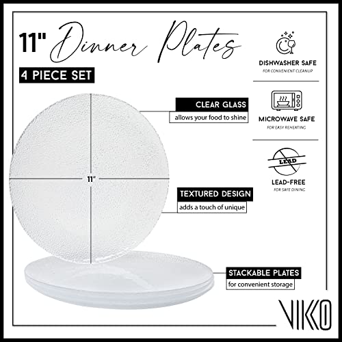 Vikko Salad Plate, Set Of 4 Glass Plates, Dinner Plate, Elegant Textured Glass Design, Stackable 11 Inch Plates, Dishwasher Safe #TOP4