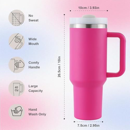 Image of Large Capacity Insulated Steel Tumbler with Handle and Straw Lid Dark Pink 1200 ML Hot Cold Travel Mug for Office Car Gym