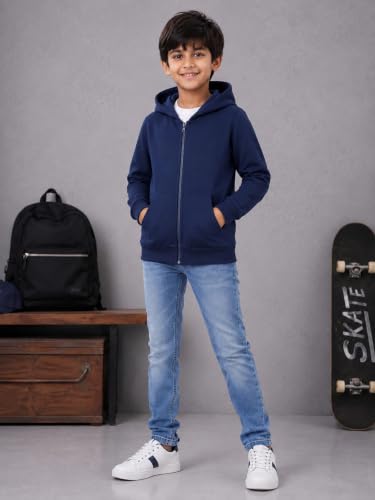 Image of Unisex Kids Solid Full Sleeve Zip Front Open Hooded Sweatshirt