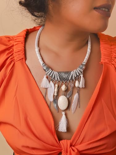 MINACHI Bohemian Feather Tassel Necklace, Irregular Stone Beads, Retro Exotic Pattern, Women's Jewelry3