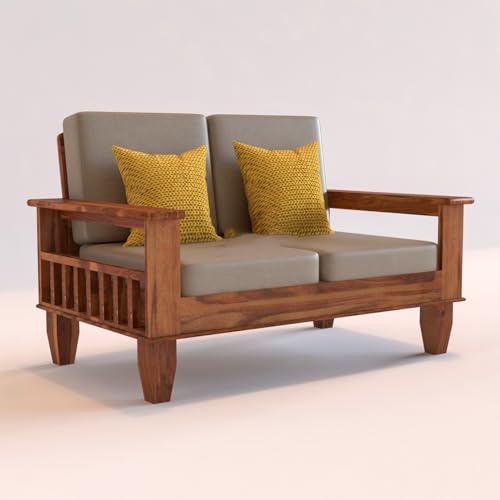 Image of Sheesham Wooden 4 Seater Sofa for Living Room | Rosewood 4 Seater Cushion Sofa with Side Newspaper Holder for Home & Office | Solid Wood Sofa Set for Lounge (-Honey,2+2 Seater)