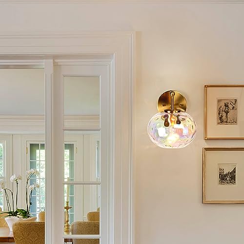 Image of Gold Wall Sconce Light Colorful Hammered Glass Vanity Lighting Brushed Brass Wall Lamp for Bathroom Over Mirror
