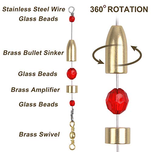 Fishing Carolina Ready Rigs With Brass Worm Weights And Fishing Beads For Freshwater Bass Fishing Sizes 1/4Oz 3/8Oz 1/2Oz 3/4Oz 1Oz, 5 Pack (Brass 3/8Oz) #TOP1