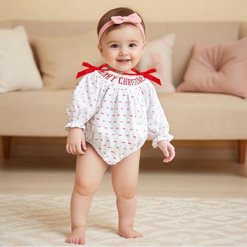 Newborn Infant Baby Girl Christmas Outfit Long Sleeve Smocked Bubble Romper Bow Ruffle Bodysuit Winter Clothes4