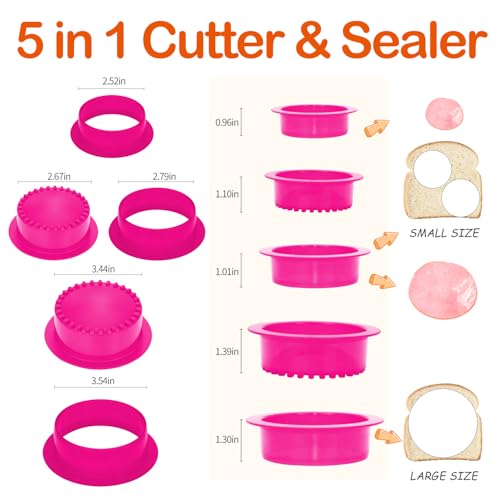 Image of Sandwich Cutter and Sealer - 5 PCS Decruster Sandwich Maker - Peanut Butter and Jelly Crustless Sandwich Bread Pancake Maker Cookie Cutter (Round Fuchsia and FruitPicks)