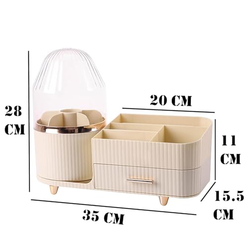 Image of SIBY ABS Plastic Cosmetic Storage Box for Women's | 360 Rotating Makeup Brush Holder for Dressing Table | Vanity Makeup Organizer Box with Transparent Cap and Drawer (Cream)