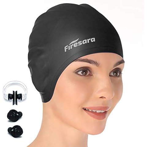 Swim Cap, Firesara Original Undated Swimming Cap 3D Ergonomic Design Comfortable Durable Ear Protection for Women Kids Adults Men Boys Girls for Long or short Hair with Nose Clip and Ear Plugs (Black) Cover