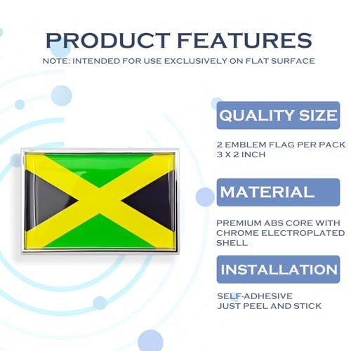 Image of Jamaica Flag Sticker Emblem Decal Jamaican Car Chrome Flags, 2 Pack, 3 x 2 inches