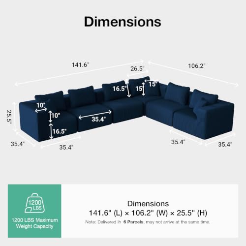 Image of Novilla 141 inch Modular Sectional Sofa, L Shape Plush Sectional Couch, Modern Cloud Design with Smarts Coil Support, Boneless Sectional Couch for Large Living Room Apartment, No Assembly Required, Blue