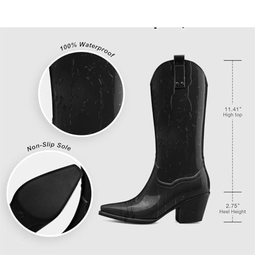 Women's Rain Cowboy Boots Rubber Boots For Women Chunky Mid Heel Rain Shoes4