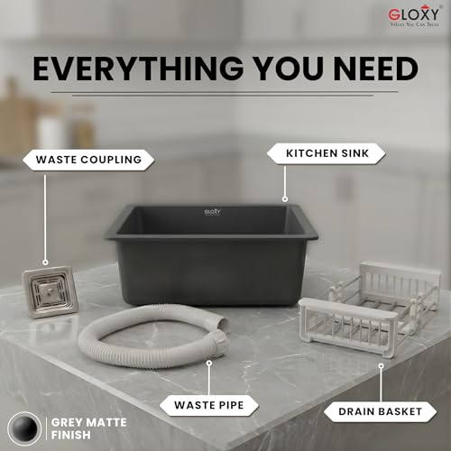 Image of Gloxy Granite Quartz Kitchen Sink 21x18x9 Inch - Premium Black Matte FInish Quartz Single Bowl Sink For Kitchen With Coupling Hose Pipe and Drainer Basket - Undermount /Topmount - 3 Years Warranty
