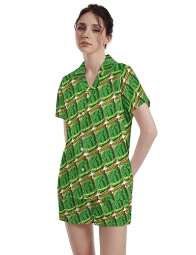 Image of Funny Pajamas for Women Set Print Satin Loungewear Pjs Short Sleeve Button Down Top and Shorts Sets Sleepwear XS-3XL