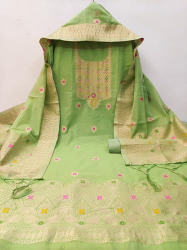 Image of Chanderi Suit Vol 5 | Pure Chanderi Banarasi Silk (3m) | Soft Cotton Bottom (2.5m) | Woven Chanderi Banarasi Silk Dupatta (2.3m) with Tassels, Unstitched Material, Fits up to 60 inch, Length 48