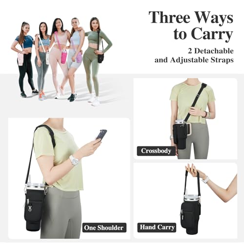 Image of linmaya Water Bottle Carrier Bag with Phone Pocket for Stanley 40 /30 oz Tumbler Neoprene Water Bottle Holder Pouch with 2 Adjustable Strap & 3 Leak Stoppers for Stanley Cup Accessories