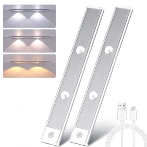Image of FLYNGO Motion Sensor Under Cabinet LED Light, 3 Color Modes Closet Light with Stepless Dimming for Kitchen, Cabinet, Wardrobe, Bedroom, Cupboard (30CM - Pack of 2)