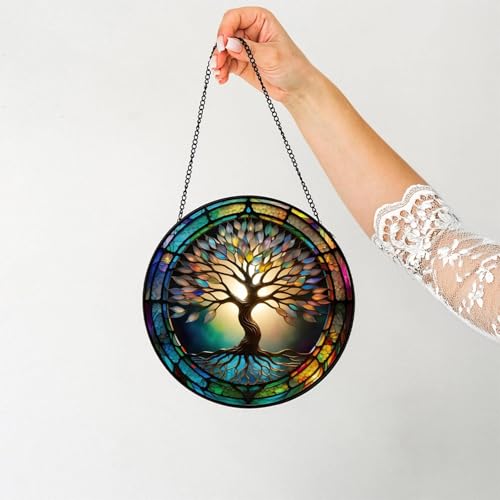 Colorful Tree of Life Suncatcher -7.9 in Stained Glass Window Hanging Catcher Garden Decor — view 5