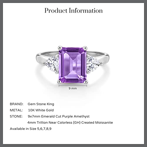 10K White Gold Gemstone Birthstone and White Created Sapphire 3-Stone Engagement Ring For Women | Emerald Cut 9X7MM and Trillion 4MM | Fine Jewelry for Wedding Anniversary Promise | Sizes 5-94