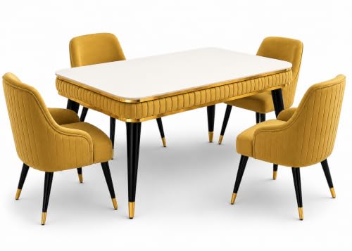 Image of WOODEN SPACE 4 Seater Wooden Dining Table Set | Urban Marble Top Dining Table with Chairs for Dining Room & Kitchen (Modern Zyro Yellow) (54 x 36 x 30 inch)