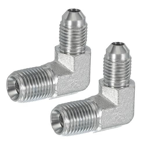Image of PATIKIL 90 Degree Pipe Adapter, 2 Pcs 7 /16 inch Male 37 Flare JIC x 1 /4 inch BSPT Male Connector Carbon Steel Elbow Fitting for Air Hydraulic Fluid Fuel Water Oil, Silver