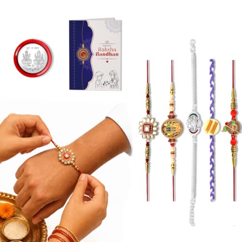 Image of Periapt Rakhi Gift Set for Brother & Bhabhi - Traditional Rakhis with Silver Coin & Greeting Card - Combo for Raksha Bandhan