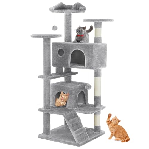 Sweetcrispy 54 Inch Cat Tree Tower, Multi-Level with Cat Scratching Post, Indoor Cat Condo with Climbing Ladder, Plush Toy, Play House for Cat, Light Grey