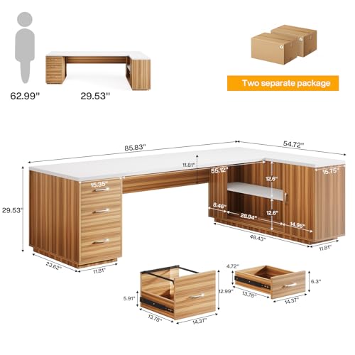 Tribesigns 85.8-Inch L-Shaped Executive Office Desk with File Drawers & Storage Cabinet, Professional Corner Computer Desk Extra Large Business Workstation with Adjustable Shelves (White&Walnut) by Tribesigns - Image 2