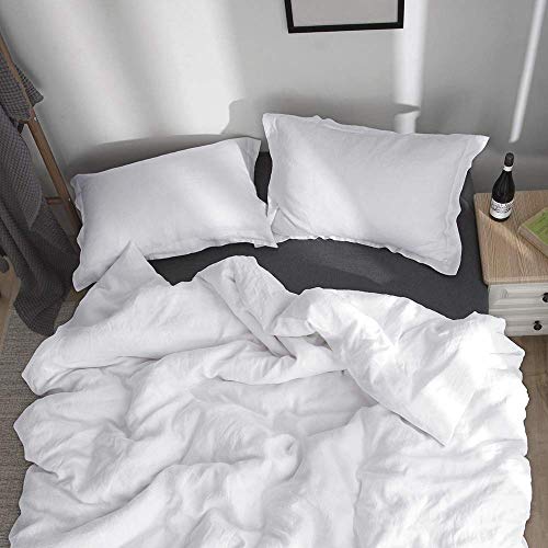 Simple&Opulence 100% Linen Duvet Cover Set 3pcs Basic Style Natural French Washed Flax Solid Color Soft Breathable Farmhouse Bedding with Button Closure - White, Full by Simple&Opulence - Image 7