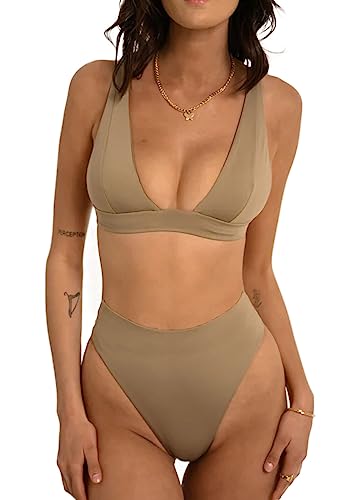 Forjunlyup Women's Thong High Waisted Bikini V Neck Push Up Triangle Top Sexy Bikinis Swimwear for Women Beach Swimming(Khaki,L) 1